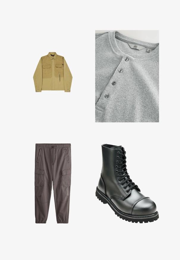 Beige button-up jas met twee grote borstzakken, kraag en een klein stoffen label dat aan de rechterzak hangt.; Grijze gebreide shirt met lange mouwen en een ronde halslijn, vijf knopen sluiting, ribbelstructuur en een slim fit ontwerp. Label geeft maat M aan.; Donkergrijze cargobroek met elastische taille en boorden, rits aan de voorkant, trekkoord, zijflappzakken en schuine voorzakken.; Zwarte leren combatboot met hoge enkel, ronde neus, vetersluiting aan de voorkant, en robuuste rubberen zool met diepe profiel voor grip.
