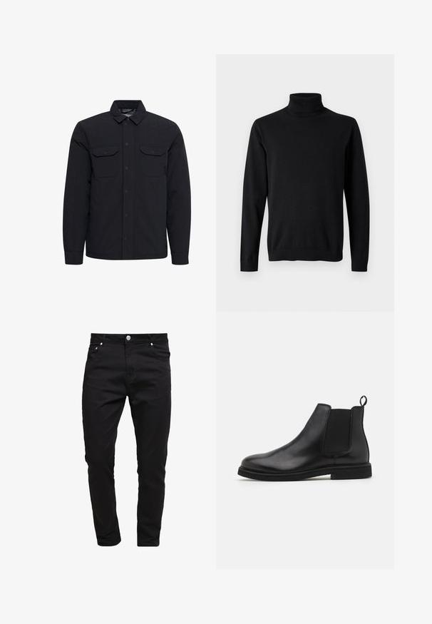 Veste matelassée noire avec une fermeture boutonnée à l'avant, deux poches poitrine et un col rabattu. Fabriquée dans un tissu lisse et durable.; Pull noir à manches longues avec col roulé côtelé, poignets et ourlet sur fond gris clair uni.; Jean noir en tissu denim, design slim fit, style à cinq poches, fermeture à bouton métallique, avec des détails de couture et une texture lisse.; Bottines Chelsea en cuir noir avec panneaux élastiques sur les côtés et une languette. Bout arrondi et semelle en caoutchouc plate, mettant en valeur une finition lisse.