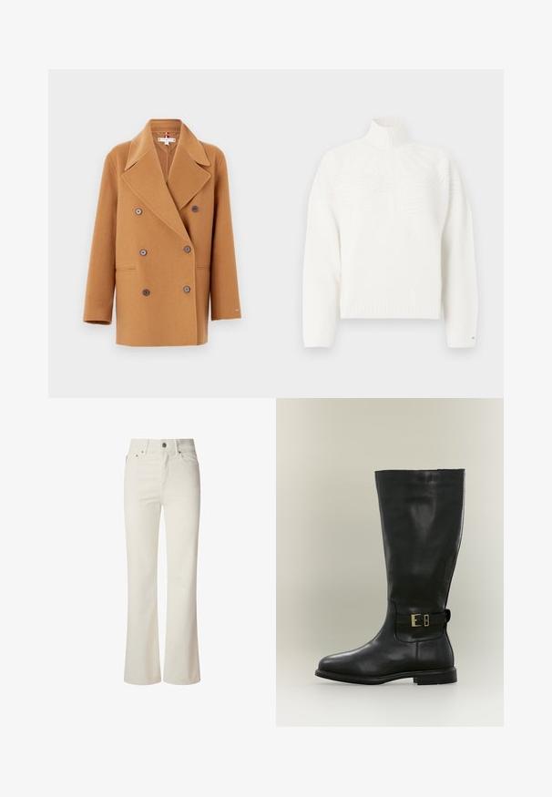 Dobbeltbrystet frakke i kamelfarve, lavet af blødt, tekstureret stof. Har store brune knapper og et bredt revers-design.; Hvid strikket sweater med høj krave, prydet med tekstur-mønstre over brystet samt ribbede manchetter og kant. Blødt materiale.; Hvide flagrende jeans lavet af denim. Har en høj talje, fem lommer og metallisk knaplukning. Glat tekstur uden synlige mønstre.; Høj sort læderstøvle med lav hæl og en sidestrope med en lille guldbeklædning, vist på en neutral baggrund.
