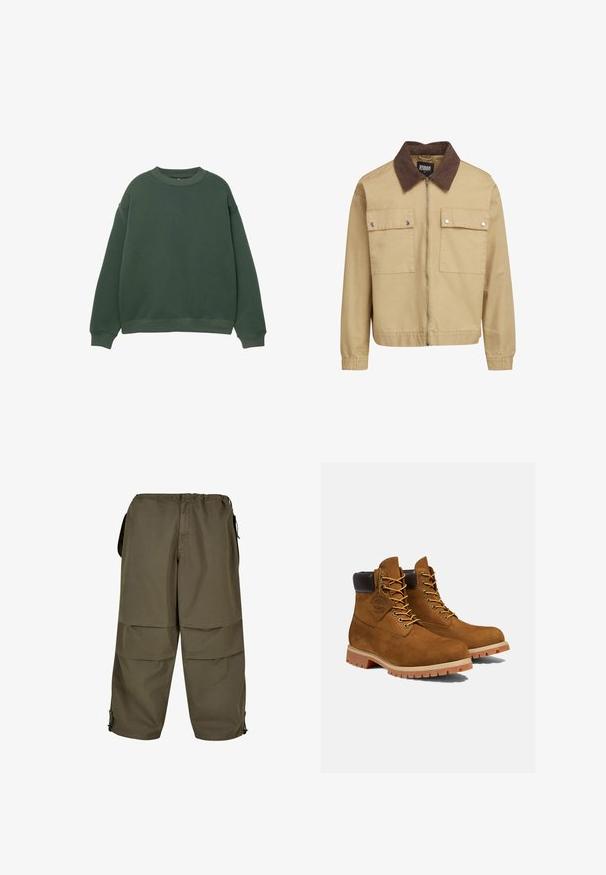 Beige ritsjack met een bruine corduroy kraag, twee voorzakken met klep en drukknoopjes, en lange mouwen.; Donkergroen sweatshirt met een ronde hals, lange mouwen en geribde boorden. Gemaakt van een zachte, gestructureerde stof met een relaxte pasvorm.; Khaki cargobroek met een elastische tailleband, zijzakken en drukknopen. Stof heeft een soepele, lichte textuur.; Bruine suède enkellaarsjes met een gevoerde zwarte kraag, gouden oogjes en een dikke rubberen zool met een profielpatroon voor grip.