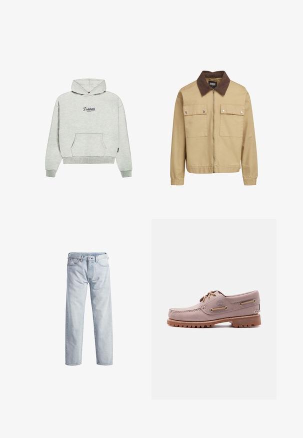 Beige Zip-Jacke mit braunem Cordkragen, zwei Fronttaschen mit Klappe und Druckknöpfen sowie langen Ärmeln.; PROHIBITED GARMENT - Kapuzenpullover - greymelange; Hellblaue Denim-Jeans mit geradem Bein, Knopfleiste, fünf Taschen und subtilen Verwaschungen. Mit metallischen Hardware-Details ausgestattet.; Hellbrauner Leder-Bootsschuh mit Moc-Toe-Nähten, Leder-Schnürsenkeln, Timberland-Logo und robuster Gummisohle, präsentiert auf weißem Hintergrund.