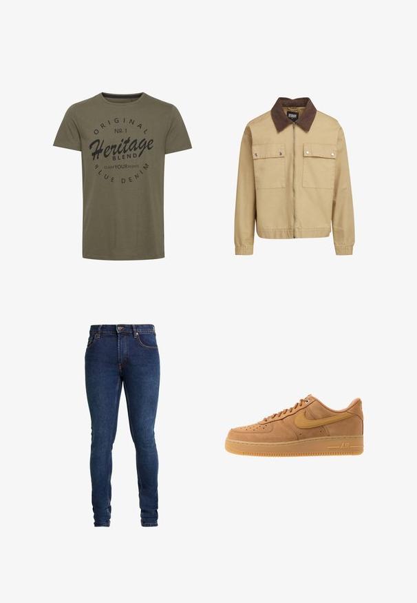 Chaqueta beige con cremallera, cuello de pana marrón, dos bolsillos frontales con solapa y botones de presión, y mangas largas.; Camiseta de algodón verde oliva con cuello redondo, que presenta texto impreso en negro: "Original No. 1 Heritage Blend Claim Your Rights" en un diseño circular.; Jeans de mezclilla azul oscuro con corte ajustado, cinco bolsillos y costuras naranjas en contraste. Presenta un cierre de botón y pasadores para cinturón.; Nike Sportswear AIR FORCE 1 07 - Zapatillas - flax/wheat/light brown/black/team gold