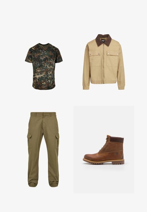 Beige ritsjack met een bruine corduroy kraag, twee voorzakken met klep en drukknoopjes, en lange mouwen.; Camo t-shirt van katoen, met een meerkleurig patroon in groen, bruin en zwart. Ronde hals en korte mouwen.; Groene cargobroek met rechte pasvorm, gemaakt van katoen, met zijzakken en knoopsluiting voor functionaliteit. Soepele textuur, casual ontwerp.; Bruine leren wandelschoen met een gladde afwerking, gevoerde enkel, metalen oogjes en een rubberen zool met een robuust profiel.