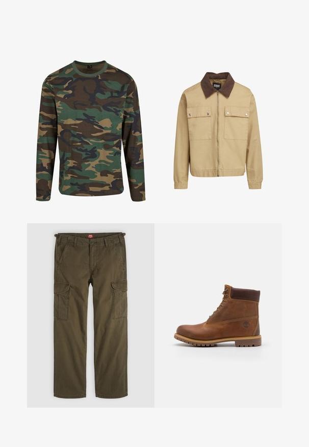 Beige Zip-Jacke mit braunem Cordkragen, zwei Fronttaschen mit Klappe und Druckknöpfen sowie langen Ärmeln.; Langärmliges Camo-T-Shirt in Erdtönen; mit grünen, braunen und schwarzen Mustern; Rundhalsausschnitt; weicher Stoff; lässige Passform.; Olivegrüne Cargohose mit geradem Bein, seitlichen Klappentaschen, vorne schrägen Taschen, Gürtelschlaufen und Knopfverschluss.; Braune Lederwanderschuhe mit glatter Oberfläche, gepolstertem Knöchel, Metallösen und einer Gummisohle mit robustem Profil.