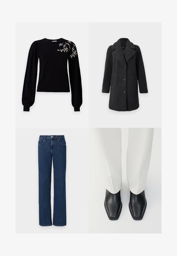 Vero Moda Teddy VMKYLIE - Zimný kabát - asphalt; Object OBJTHESS EMBROIDERY PULLOVER - Svetrík - black; Tmavomodré denimové džínsy so strihom rovného nohu, piatimi vreckami, zapínaním na gombík a zips, a kontrastným prešívaním pozdĺž švov.; Čierne kožené kozačky po členky s špicatou špičkou a nízkym zaobleným opätkom, skombinované s bielymi nohavicami s voľným strihom. Hladká textúra, elegantný dizajn.