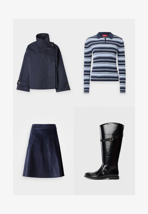 Marineblaue Jacke mit hohem Kragen, asymmetrischem Frontverschluss und Knopfdetails an Kragen und Manschetten.; Langärmliges Polohemd mit navyblauen und hellblauen Streifen, gerippter Textur und einem Kragen; verfügt über drei Knöpfe und ein Logotag.; Navy Corduroy-Rock mit ausgestellter Form, diagonal gerippter Textur und zwei seitlichen Taschen. Kürzere Saumlinie mit rohem Rand.; Hohe schwarze Lederstiefel mit niedrigem Absatz und dekorativem Riemen mit silberner Schnalle um die obere Wade.
