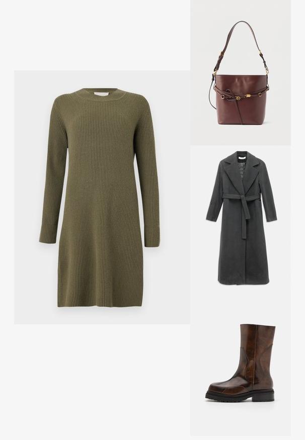 Tumehall villast mantlikollega, millel on sälitatud krae, pikad varrukad ja vööga talje. Omadusteks on sirge lõige ja sile tekstuur.; CLOSED CREW NECK DRESS LONG SLEEVE - Kampsunkleit - forest green; ECKHAUS LATTA STACKED BOOT - Platvormsaapad - dark brown; Pruuni nahaämbrikujuline kott reguleeritava õlarihma ja esiküljel dekoratiivsete kuldse tooniga pandla ning nael detailidega.