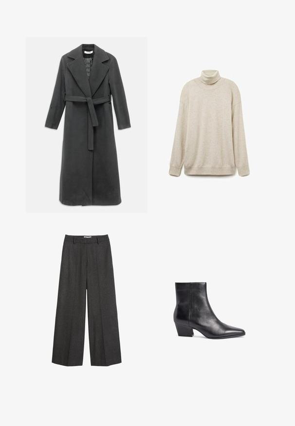 Mørkegrå uldfrakke med en flænset krave, lange ærmer og en bælte i taljen. Har en lige snit og glat tekstur.; Beige turtleneck sweater lavet af blødt stof, med en afslappet pasform, ribbet hals, manchetter og kant. Enkel, struktureret overflade uden mønstre.; Bredde bukser i mørkegrå stof. Har en skræddersyet talje med bæltesløjfer, glat tekstur og minimale syninger som detaljer.; Sorte læder ankelstøvler med spids tå, mellemhøj blokhæl og glat tekstur. Har et minimalistisk design uden synligt hardware.
