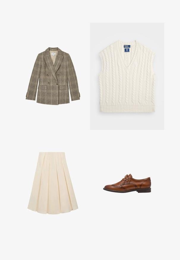 Veste marron à carreaux croisée avec revers crantés, quatre boutons à l'avant, deux poches à rabat et poignets boutonnés.; Gilet sans manches en tricot torsadé crème avec un col en V et une finition côtelée. Présente un motif texturé et une étiquette logo sur le col.; Jupe plissée en tissu couleur crème ; elle présente une texture douce, un design mi-long et des plis symétriques s'étendant de la taille jusqu'à l'ourlet.; Chaussure Oxford brogue en cuir marron avec détails à bout ailé, perforations, lacets et talon bas empilé sur fond blanc.