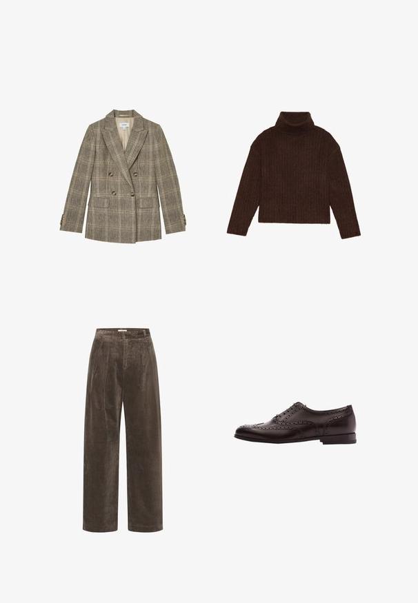 Blazer marrón de cuadros con doble botonadura, solapas con muescas, cuatro botones en la parte delantera, dos bolsillos con tapeta y puños con botones.; Jersey marrón con cuello alto de canalé, de mangas largas y silueta cortada, que presenta un diseño de punto grueso y texturizado.; Pantalones de pana marrón de pierna ancha con pliegues, que presentan una textura suave y una cintura de altura media. Los acabados del dobladillo son limpios y rectos.; Zapato de vestir de cuero marrón con detalles de brogue, cierre con cordones, puntera redondeada y un tacón bajo apilado. Acabado pulido y perforaciones intrincadas.