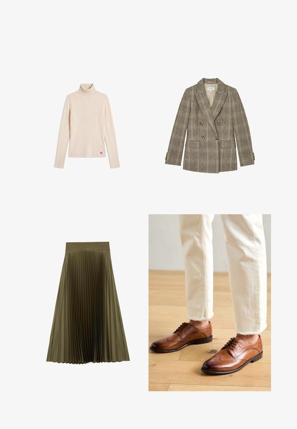 Brun ternet dobbeltknappet blazer med hakrevers, fire knapper foran, to klaplommer og knapmanchetter.; Beige ribstrikket langærmet turtleneck sweater med et lille logopatch nær den nederste kant på en hvid baggrund.; Olivengrøn midi-plisseret nederdel med bred, glat talje og jævnt fordelte smalle folder.; Brune læder brogue sko med perforerede detaljer, rund tå og en glat overflade, parret med cremede bukser med frynset kant.