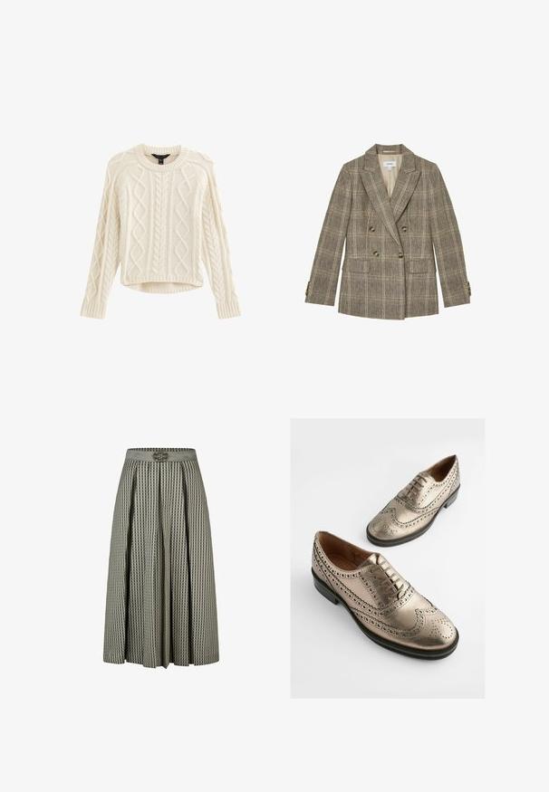 Veste marron à carreaux croisée avec revers crantés, quatre boutons à l'avant, deux poches à rabat et poignets boutonnés.; Pull léger en crème avec des motifs en maille torsadée, col rond et manches longues. Présente un ourlet court et un tissu texturé pour plus de chaleur.; Jupe plissée à carreaux gris et noirs avec une large ceinture et une boucle métallique décorative au centre devant.; Chaussures en cuir bronze métallique avec un design à bout d'aile, perforations détaillées et lacets ronds. Semelle noire plate avec une texture lisse.