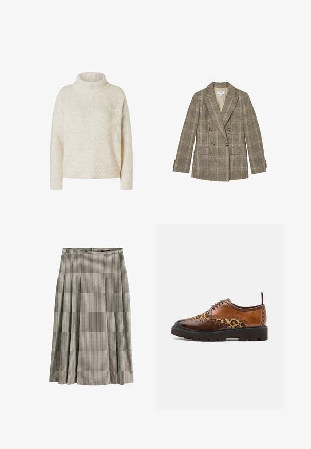 Veste marron à carreaux croisée avec revers crantés, quatre boutons à l'avant, deux poches à rabat et poignets boutonnés.; Pull en maille côtelée couleur crème avec des manches longues et un col roulé replié, présenté sur un fond blanc.; Jupe plissée mi-longue avec motif pied-de-poule noir et blanc, taille haute et tissu structuré.; Chaussure en cuir brun à lacets avec des accents de motif léopard, surfaces lisses et texturées, bout rond et semelle épaisse et robuste.