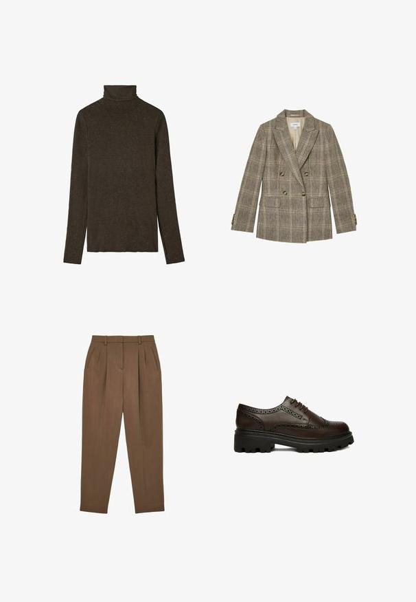 Brun ternet dobbeltknappet blazer med hakrevers, fire knapper foran, to klaplommer og knapmanchetter.; Mørkebrunt turtleneck top lavet af blød, struktureret stof. Har lange ærmer og en tætsiddende pasform, med en glat halsudskæring.; Brune højtaljede skræddersyede bukser med plisseringer, sidelommer, bæltestropper og et tætsiddende bencut.; Mørkebrun læder brogue sko med perforerede detaljer og tyk sort rillesål, set fra siden på hvid baggrund.