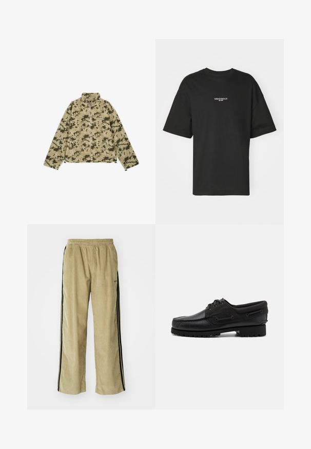 Vihreä ja beige naamiointikuvioinen fleece-takki, jossa on korkea kaulus, vetoketjukiinnitys ja sivutaskut. Ominaisuuksiin kuuluu teksturoitu, pehmeä pinta.; Musta lyhythihainen t-paita, joka on valmistettu puuvillasta ja jossa on valkoinen painatus "ORIGINALS est. 1970" rinnassa. T-paidassa on rento malli ja pyöreä kaula-aukko.; Beige corduroy-housut, joissa on joustava vyötärönauha ja mustat sivuraitat. Kankaan pinta on ryppyinen, ja alaosa on hieman levenevä.; Musta kenkä, jossa on nahkainen päällinen, tekstiilikoristeet, pyöreät nauhat ja teksturoitu kumipohja. Sisältää mokkasiiniompeleen ja bränditunnuksen.