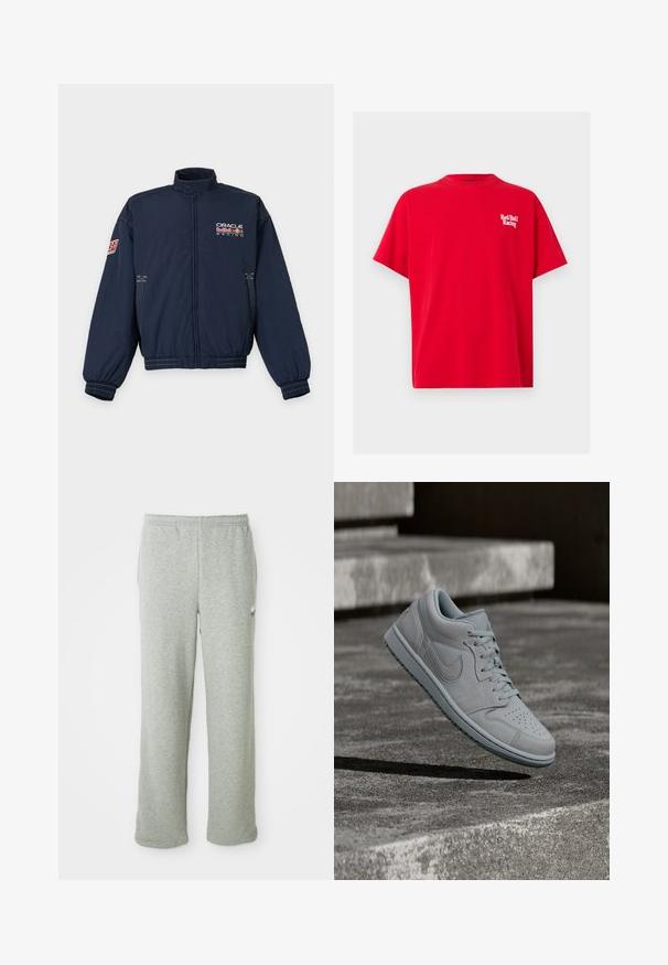 Marineblauwe racejas met rits met Oracle Red Bull Racing-logo op de borst en een Red Bull-patch op de linkermouw.; Rood T-shirt met korte mouwen en ronde hals, met wit "Red Bull Racing" logo op de linkerborst.; Grijze sweatpants van een zachte katoenmix, met een elastische tailleband, recht model en een klein logo aan de linkerkant.; Lichtgrijze Nike sneaker zweeft boven ruwe betonnen trappen met schaduwen die de contouren en textuur versterken.