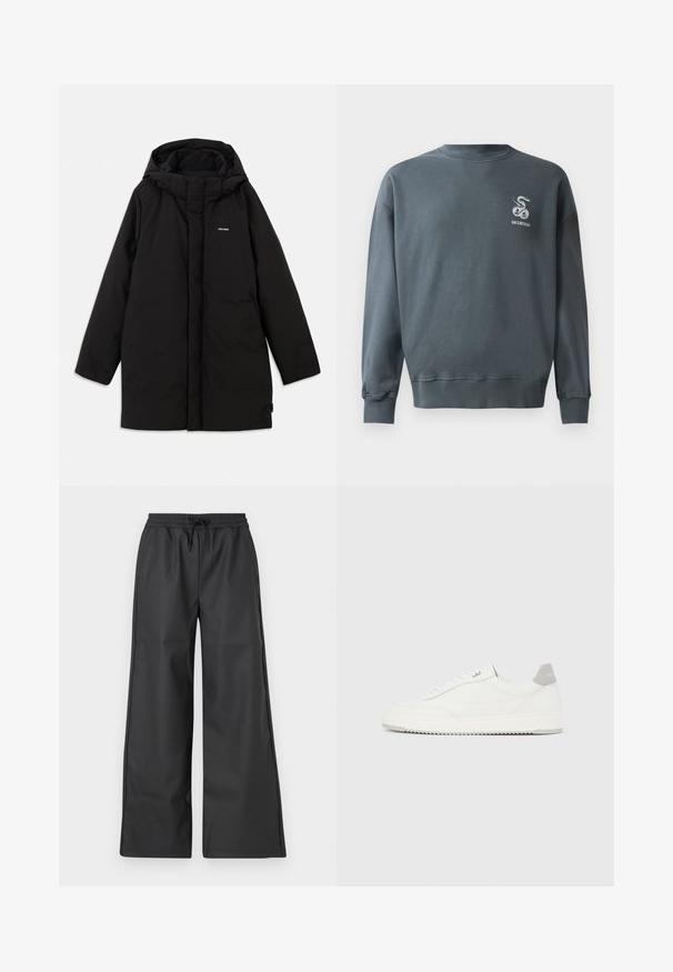 Zwarte pufferjack met capuchon, voorzien van een rits aan de voorkant, zijzakken en een subtiel logo op de borst. Gladde, matte textuur.; Grijze katoenen sweatshirt met een ronde hals, ribgebreide manchetten en een klein geborduurd slangenlogo op de linkerboven borst. Aanraakvlakke textuur.; Han Kjøbenhavn RELAXED TRACK TROUSERS - Broek - black; Witte lage sneaker met grijze hielpatch, witte veters en een gestructureerde zool, gepresenteerd op een effen lichte achtergrond.