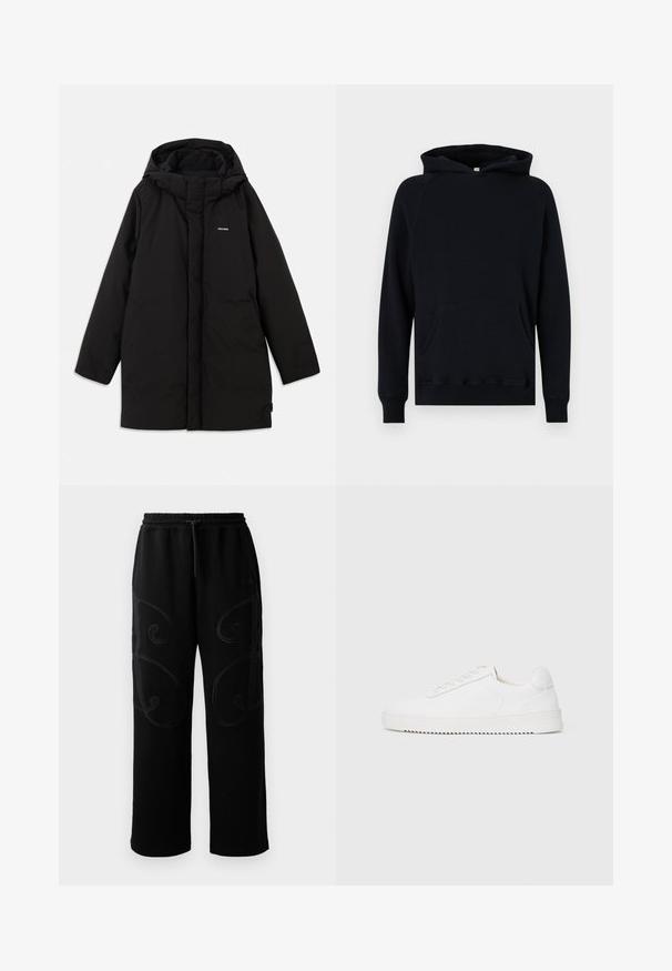 Čierna bundá s kapucňou, ktorá má predný zips, bočné vrecká a nenápadné logo na hrudi. Hladká, matná textúra.; Čierny bavlnený hoodie s klokaniou kapsou, dlhými rukávmi a kapucňou so sťahovacou šnúrkou. Hranaté manžety a lem, textúrovaná látka. Klasický strih.; Čierne tepláky s voľným strihom, s komplikovanými krúživými stehovými vzormi pozdĺž strán a elastickým pásom so šnúrkou.; Biele tenisky s hladkým koženým zvrškom, zaoblenou špičkou, šnúrkami, textúrovanými bočnými akcentmi a hrubou gumovou podrážkou. Minimalistický dizajn.