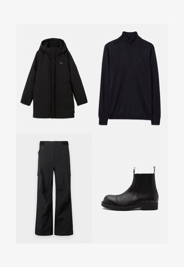 Doudoune noire avec capuche, dotée d'une fermeture éclair à l'avant, de poches latérales et d'un logo discret sur la poitrine. Texture lisse et mate.; Pull noir à manches longues avec col haut côtelé et demi-zip, présentant un logo discret sur la poitrine gauche.; Pantalons cargo noirs en tissu lisse et résistant à l'eau. Dotés de jambes larges, de multiples poches latérales et d'une taille plate avec un branding subtil.; Bottine Chelsea en cuir noir à bout arrondi, panneaux latéraux élastiques, languettes à l’avant et à l’arrière, semelle plate, vue de côté sur fond blanc.