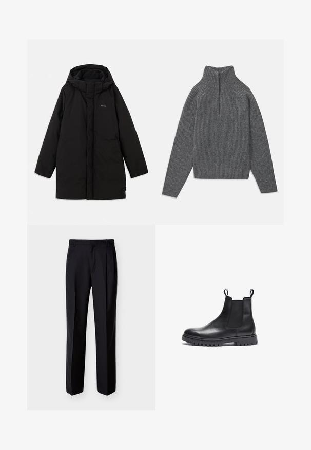 Schwarze Daunenjacke mit Kapuze, vorne mit Reißverschluss, seitlichen Taschen und einem dezenten Logo auf der Brust. Glatte, matte Textur.; Kohlefarbener, gerippt gehäkelter Pullover mit langen Ärmeln und einem viertelreissverschlussähnlichen Stehkragen, flach auf einem weißen Hintergrund ausgelegt.; Schwarze, maßgeschneiderte Hose mit geradem Schnitt, Falten vorne und seitlichen Taschen. Hergestellt aus einem glatten, leichten Stoff mit einfarbigem Muster.; Schwarze Leder Chelsea-Boots mit strukturierter Oberfläche, elastischen Seitenpanels und Zuglaschen. Verfügt über eine klobige Gummisohle mit Profil.