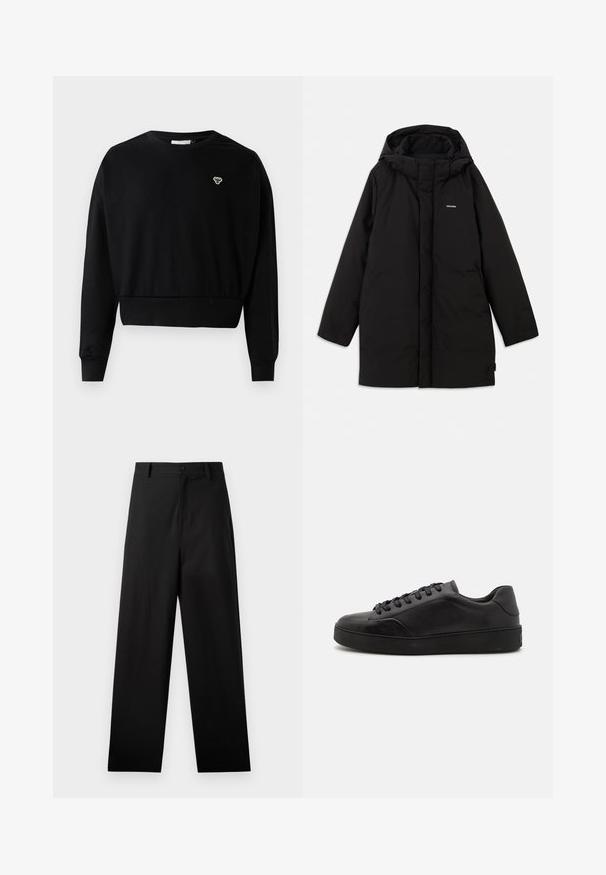 Sort pufferjakke med hætte, der har en frontlynlås, sidelommer og et subtilt logo på brystet. Glat, mat tekstur.; Sort cropped sweatshirt med rund halsudskæring, lange ærmer og et lille broderet logo på brystet, lavet af en blød bomuldsblanding.; Sorte bukser lavet af bomuld med lige ben-design, der har en frontknaplukning og sidelommer. Glat tekstur, ingen mønstre.; Sorte lædersneakers med rund tå, flad sål og traditionel snøring. Har en glat tekstur og diskrete detaljer på siden.
