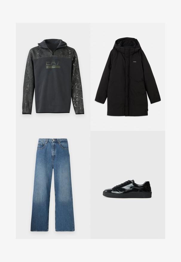 Zwarte pufferjack met capuchon, voorzien van een rits aan de voorkant, zijzakken en een subtiel logo op de borst. Gladde, matte textuur.; Zwarte hoodie met een halve rits, voorzien van een textuur patroon op de mouwen en een logo-print in donkergroen op de borst.; Lange blauwe denim jeans met een klassiek vijf-pocket ontwerp, voor sluiting met een knoop en een lichte vervaging voor textuur.; Zwarte gepatenteerde leren sneakers met een ronde neus, vetersluiting, een gestructureerde rubberen zool en een glanzende afwerking.