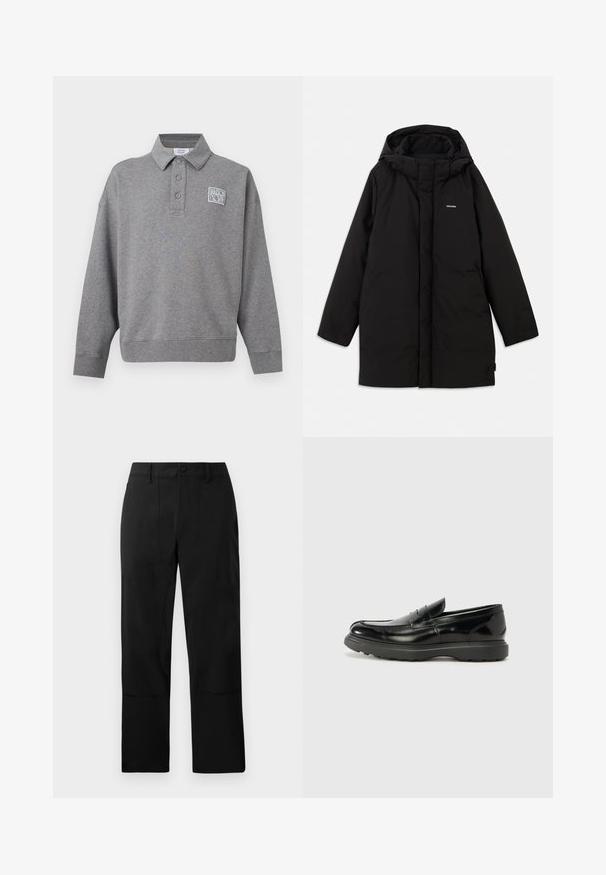 Doudoune noire avec capuche, dotée d'une fermeture éclair à l'avant, de poches latérales et d'un logo discret sur la poitrine. Texture lisse et mate.; Sweat-shirt polo gris à manches longues avec trois boutons et un petit patch logo blanc "Maison Kitsuné" sur la poitrine gauche.; Pantalons noirs en tissu lisse, avec un devant plat, deux poches avant et une coupe droite agrémentée de détails de couture discrets.; Mocassin en cuir noir avec une finition brillante, bout arrondi, détails de couture subtils et semelle en caoutchouc épaisse pour la durabilité.