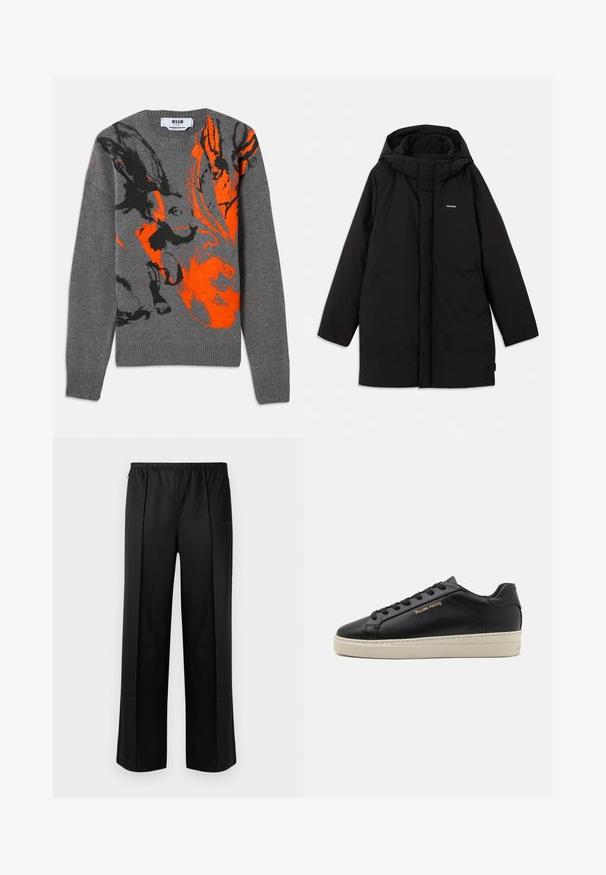 Sort pufferjakke med hætte, der har en frontlynlås, sidelommer og et subtilt logo på brystet. Glat, mat tekstur.; Grå strikket sweater med et kontrasterende orange og sort abstrakt design. Rund hals og ribbede manchetter og kant. Blød tekstur.; Les Benjamins Bukser - black; Sorte lædersneakers med en glat finish, kontrasterende cremefarvet sål, rund tå, guld logo på siden og seks huller til snørebånd.