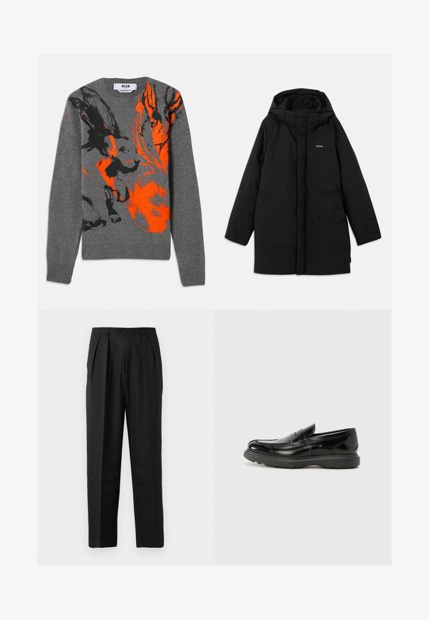 Sort pufferjakke med hætte, der har en frontlynlås, sidelommer og et subtilt logo på brystet. Glat, mat tekstur.; Grå strikket sweater med et kontrasterende orange og sort abstrakt design. Rund hals og ribbede manchetter og kant. Blød tekstur.; Sorte plisserede bukser med et skrædderlavet design, fremstillet af glat stof, med knaplukning og lige ben.; Sort læderloafer med en blank finish, rund tå, subtile syninger og en tyk gummisål for holdbarhed.