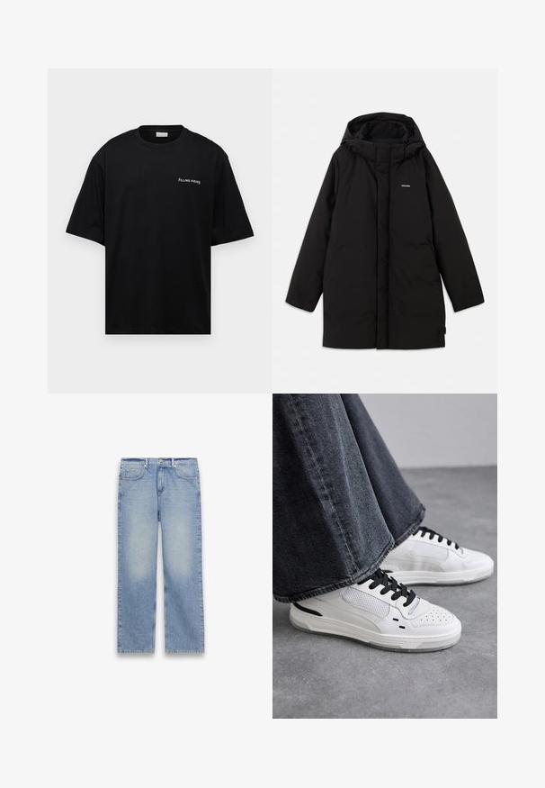 Doudoune noire avec capuche, dotée d'une fermeture éclair à l'avant, de poches latérales et d'un logo discret sur la poitrine. Texture lisse et mate.; T-shirt en coton noir avec une coupe décontractée, des manches courtes et un logo blanc "FILLING PIECES" sur la poitrine gauche. Texture lisse.; Jean en denim bleu clair à jambes droites avec cinq poches, passants pour ceinture, et une fermeture à bouton et zip.; Baskets blanches avec des lacets noirs et des détails en maille. Dotées d'une tige en cuir lisse et d'une semelle en caoutchouc texturée. Associées à un jean gris à jambes larges.