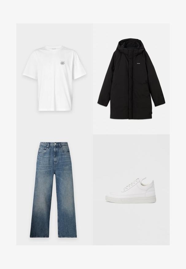 Doudoune noire avec capuche, dotée d'une fermeture éclair à l'avant, de poches latérales et d'un logo discret sur la poitrine. Texture lisse et mate.; T-shirt blanc en coton avec des manches courtes, un col ras du cou et un petit logo gris sur la partie gauche de la poitrine. Texture lisse.; Jean large en denim bleu à taille haute, avec une légère décoloration, cinq poches et une fermeture à bouton en métal à l'avant.; Baskets en cuir blanc avec un embout arrondi, une semelle plate et un laçage à l'avant. Présentent des détails de couture et un col rembourré pour plus de confort.