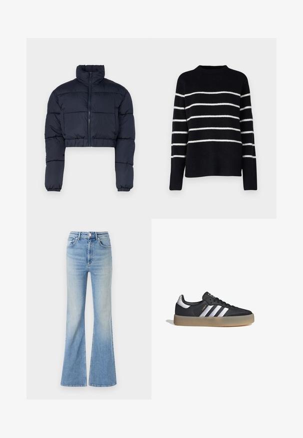 Chaqueta de plumas corta azul marino con cuello alto, cierre de cremallera y puños elásticos. Presenta paneles acolchados para aislamiento.; Vero Moda Tall VMFLAWLESS - Jersey de punto - black/birch; Jeans acampanados de color azul claro, hechos de mezclilla, con una cintura alta, diseño de cinco bolsillos y un ligero degradado que va hacia el dobladillo.; Zapatilla deportiva de cuero negro con tres rayas plateadas, punta texturizada y suela de goma. Cuenta con un collar acolchado y un diseño con cordones.