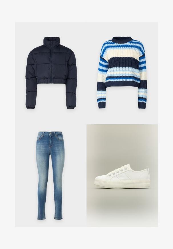 Marineblauwe cropped pufferjack met een hoge kraag, ritssluiting en elastische mouwen. Bevat gestikte panelen voor isolatie.; Noisy May Trui - multi coloured; Skinny jeans van lichtblauw denim. Heeft een medium hoge taille, vijf zakken en een lichte vervaging aan de voorkant en achterkant voor een versleten look.; Witte lage sneaker met dikke geribde zool, veters aan de voorkant en trek-lus aan de hiel tegen een neutrale achtergrond.