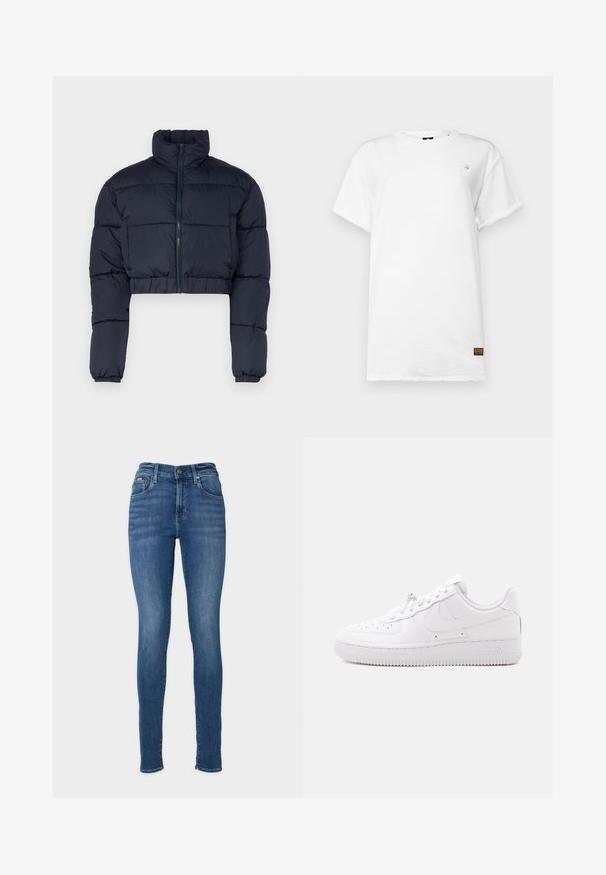 Navyblaue, kurz geschnittene Steppjacke mit hohem Kragen, Reißverschluss und elastischen Bündchen. Verfügt über genähte Einsätze zur Isolierung.; G-STAR LASH FEM LOOSE FIT - T-Shirt basic - white; Schmale blaue Jeans aus Denim-Stoff. Präsentiert eine hohe Taille, ein Fünf-Taschen-Design und einen Metallschlussknopf. Einheitliche Farbe mit leichter Verblassung.; Niedriger weißer Sneaker mit perforierter Spitze, Schnürverschluss, strukturierter Sohle und subtilem Swoosh-Logo an der Seite.