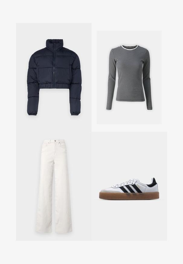 Veste courte en duvet bleu marine avec un col montant, fermeture éclair et poignets élastiques. Comprend des panneaux cousus pour l'isolation.; T-shirt à manches longues en rayures horizontales noires et blanches, avec un col rond et une texture côtelée. Fabriqué en tissu extensible.; ONLY Tall ONLHOPE GLOBAL HIGH WAIST WIDE - Pantalon classique - pumice stone; Baskets en cuir blanc avec des rayures noires, semelle extérieure en caoutchouc beige, bout rond, fermeture lacée et embout en suède gris doux.