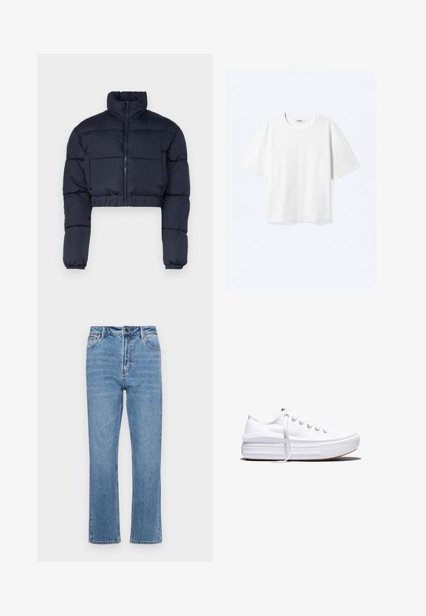 Veste courte en duvet bleu marine avec un col montant, fermeture éclair et poignets élastiques. Comprend des panneaux cousus pour l'isolation.; T-shirt blanc à manches courtes avec col rond et ourlet droit, étiquette de marque "WEEKDAY" à l’intérieur de l’encolure.; Jean en denim bleu clair avec une coupe droite, cinq poches, fermeture à bouton à l'avant et décoloration subtile sur le tissu.; Baskets basses blanches en toile avec semelle plateforme épaisse, lacets sur le devant et embout en caoutchouc texturé, vues de profil.