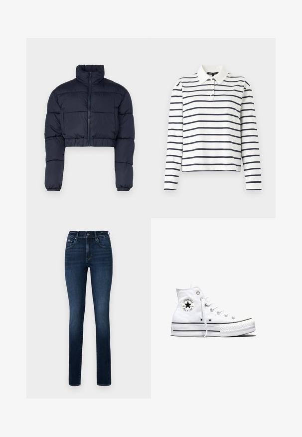 Marineblauwe cropped pufferjack met een hoge kraag, ritssluiting en elastische mouwen. Bevat gestikte panelen voor isolatie.; Langsleeve polo shirt in het wit met marineblauwe horizontale strepen, voorzien van een kraag en een drieknops sluiten. Van katoen.; Donkerblauwe denim jeans met een rechte pijp, vijf zakken en een knoopsluiting op de tailleband.; Witte hoge Converse Chuck Taylor All Star sneaker met zwart logopatch en witte veters, weergegeven op een witte achtergrond.