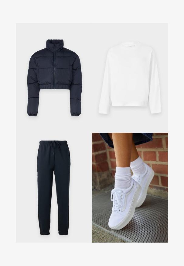 Veste courte en duvet bleu marine avec un col montant, fermeture éclair et poignets élastiques. Comprend des panneaux cousus pour l'isolation.; Gina Tricot T-shirt à manches longues - white; Pantalon de survêtement noir avec taille élastique, cordon, poches latérales et poignets élastiques aux chevilles.; Baskets en toile blanches avec semelles en caoutchouc, dotées de six œillets, d'un bout rond et de détails de couture légers, portées avec des chaussettes blanches mi-mollet.