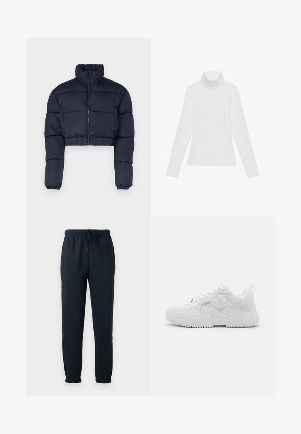 Veste courte en duvet bleu marine avec un col montant, fermeture éclair et poignets élastiques. Comprend des panneaux cousus pour l'isolation.; Haut à col roulé à manches longues blanc, fabriqué en tissu lisse et extensible. Il présente un col haut et une coupe ajustée, sans motifs ni embellissements visibles.; Pantalon de survêtement noir avec taille élastique, cordon, poches latérales et poignets élastiques aux chevilles.; Baskets blanches au design chunky, en cuir et matériaux synthétiques, avec des détails texturés, des lacets et un logo proéminent en doré.
