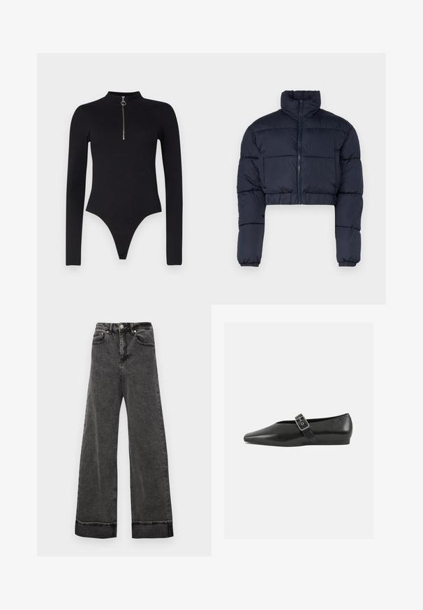 Navyblaue, kurz geschnittene Steppjacke mit hohem Kragen, Reißverschluss und elastischen Bündchen. Verfügt über genähte Einsätze zur Isolierung.; Noisy May NMTONI BODY - Langarmshirt - black; Weite, hoch taillierte schwarze Jeans aus Denim, mit Knopfverschluss, fünf Taschen und rohen Säumen an den Knöcheln.; Schwarze Lederflachschuhe mit spitzem Zehenbereich, ausgestattet mit einem metallischen Riemen über dem Spann und einer niedrigen, flexiblen Sohle.