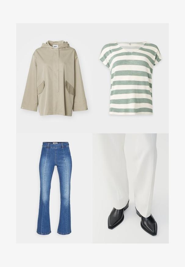 Beige huppari, joka on valmistettu sileästä materiaalista, jossa on nepparikiinnitys edessä ja kaksi kaltevaa taskua. Ominaisuudet: leveät hihat ja rento istuvuus.; Lyhythihainen väljä paita, jossa vaakasuorat leveät salvianvihreät ja luonnonvalkoiset raidat, pyöreä pääntie ja pehmeä kevyt kangas.; Vaaleansinisiä leveälahkeisia farkkuja, joissa on korkea vyötärö, kaksi etutaskua ja hieno haalistuminen rakenteen luomiseksi. Langat ovat näkyvissä.; Mustat kärkipanokset nilkkurit, joissa on sileä nahkapinta ja matalat lohkokorkot, yhdistettynä valkoisiin leveälahkeisiin housuihin. Yksinkertainen ja moderni muotoilu.