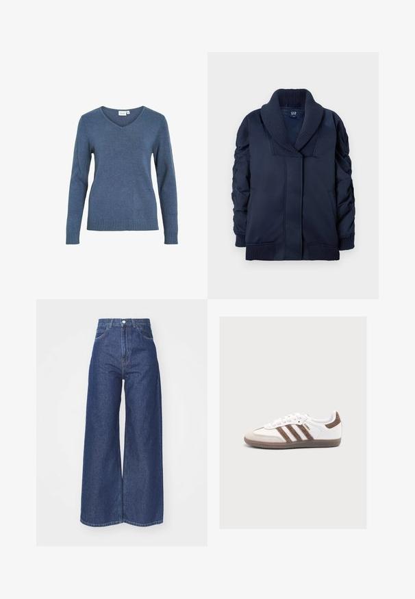 Navyblauwe jas met geribbelde sjalkraag, geraffineerde mouwen, voorzakken en geribbelde manchetten en onderrand, plat gevouwen op een witte achtergrond.; Blauwe V-hals trui van een zachte gebreide stof. Bevat lange mouwen en een geribbelde zoom. Eenvoudig ontwerp zonder extra patronen of accenten.; Wijd-uitlopende jeans van donkerblauwe denim. Hoge taille met een ritssluiting en knoopsluiting. Bevat klassieke vijf-pocket styling en gezoomde randen.; Witte Adidas Samba sneaker met bruine suède strepen, bruine hielpatch, beige neuskap en translucente rubberen zool, van opzij getoond.