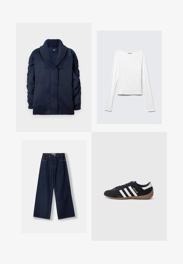 Marineblaue Jacke mit geripptem Schalkragen, gerafften Ärmeln, Fronttaschen sowie gerippten Bündchen und Saum, flach auf weißem Hintergrund gefaltet.; Weißes Langarmoberteil mit einem Überlappungsdesign und einer Tasche. Hergestellt aus einem glatten, elastischen Material. In einem lässigen, entspannten Schnitt.; Dunkelblaue Jeans mit weitem Bein, vorderer Knopf- und Reißverschluss, vorderen Taschen und Gürtelschlaufen, flach auf weißem Hintergrund ausgelegt.; Schwarzer Veloursleder-Sneaker mit drei weißen Streifen, Gummisohle und einem kleinen goldenen Logo an der Seite. Verfügt über ein glattes schwarzes Innenfutter.