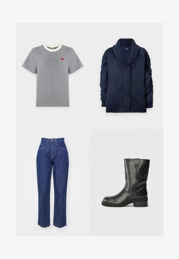 Navyblauwe jas met geribbelde sjalkraag, geraffineerde mouwen, voorzakken en geribbelde manchetten en onderrand, plat gevouwen op een witte achtergrond.; Zwart-wit horizontaal gestreept T-shirt met korte mouwen, een witte kraag en een klein rood hart geborduurd op de linkerborst.; Donkerblauwe denim jeans met een hoge taille, rechte pijpen, vijf zakken en contrasterende stiksels. Klassiek design met een soepele textuur.; Zwarte leren laars tot halverwege de kuit met een lage blokhak, ronde neus en een trekband aan de zijkant tegen een effen achtergrond.