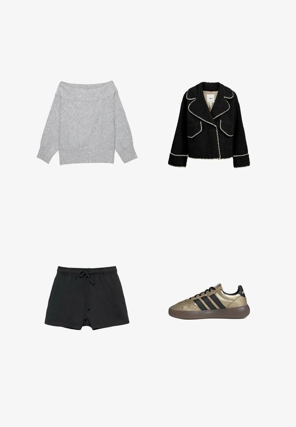 Veste noire en tissu texturé avec des finitions blanches. Elle possède un col à revers, deux poches avant et une coupe courte.; Pull gris clair en maille, à épaules dénudées, manches longues avec poignets et ourlet côtelés, posé à plat sur un fond blanc.; Short décontracté noir avec taille élastique et cordon, doté de poches latérales et d'une coupe ample.; Sneaker doré bas avec des rayures noires, des lacets noirs, un col rembourré et une semelle en caoutchouc marron, présenté en vue latérale sur fond blanc.