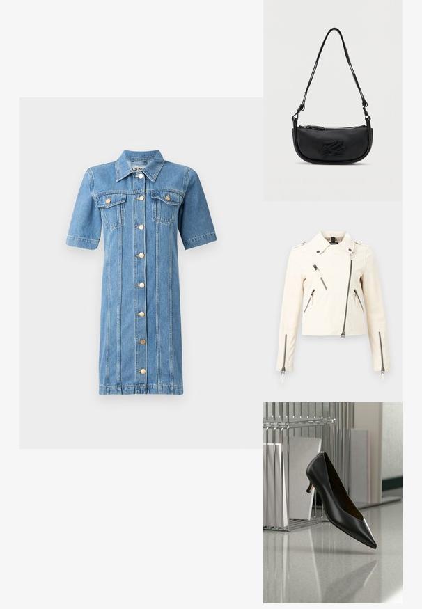 Off-white epäsymmetrinen vetoketjullinen takki kauluksella, neljällä näkyvällä vetoketjutaskulla ja pitkällä hihoilla, joiden hihansuissa on vetoketjut.; Vaaleansininen farkkuasu, jossa on lyhyet hihat, napit edessä, kaksi rintataskua ja pystysaumadetaileja. Ominaisuuksiin kuuluu pyöreä kaulus ja kultaiset napit.; Musta nahkainen, kärjest terävä kitten-korkokengän leijailee harmaan pilkullisen lattian yläpuolella, metallisen kansiojärjestäjän vieressä.; Musta nahkainen olkalaukku, jossa on kaartuva muoto, teksturoitu pinta, vetoketjusuljin ja kohokuvioitu koristeellinen logo edessä.