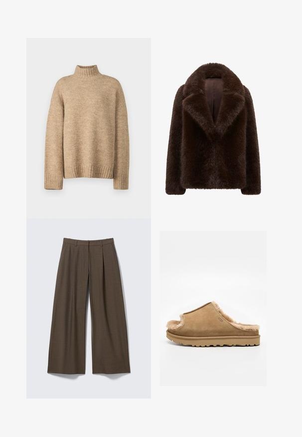 Brun faux fur frakk med en blød tekstur, bredt udskåret krave, lange ærmer og et åbent frontdesign. Blødt for indeni synligt.; Beige rullekravetrøje lavet af blødt, struktureret strikmateriale. Har ribbede manchetter og kant, samt en afslappet pasform. Klassisk og hyggeligt design.; Brune viddebenede bukser med nålestriber, bæltestropper og forreste plisseringer, vist fladt på en lysegrå baggrund.; Beige ruskind slip-on sutsko med blødt fleecefor og gummisål, med et side-UGG-logo på en ens hvid baggrund.