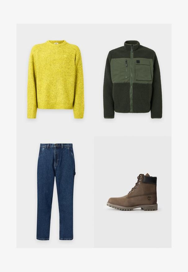 Veste en polaire de couleur vert foncé avec une fermeture éclair à l'avant. Équipée d'une poche à rabat et d'un tissu texturé. Col haut avec des détails matériels minimaux.; Pull jaune tricoté avec texture côtelée, encolure ronde et manches longues ; présente un petit logo sur la poitrine.; Jean en denim bleu foncé à jambes droites avec poches avant, passants pour ceinture, fermeture par bouton et un détail en boucle sur le côté droit.; Bottines en cuir marron avec un col noir, œillets en métal et semelle grise robuste. Comprend un logo sur le côté et des détails cousus.