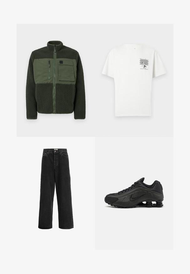 Fleece jack in donker groen met een ritssluiting aan de voorkant. Bevat een patchzak en textiel met structuur. Hoge kraag met minimale hardware-details.; Wit T-shirt met korte mouwen en klein zwart "Dickies" logo en een cartoonfiguur met gereedschap op de linkerborst.; Zwarte wijde jeans gemaakt van denim stof. Heeft een hoge taille, twee voorklepjes, een knoopsluiting en subtiele stikseldetails.; Zwarte hardloopschoenen met een glad bovenwerk van synthetisch materiaal, geperforeerde accenten, gestructureerde zijpanelen en een opvallende veerkrachtige zool.