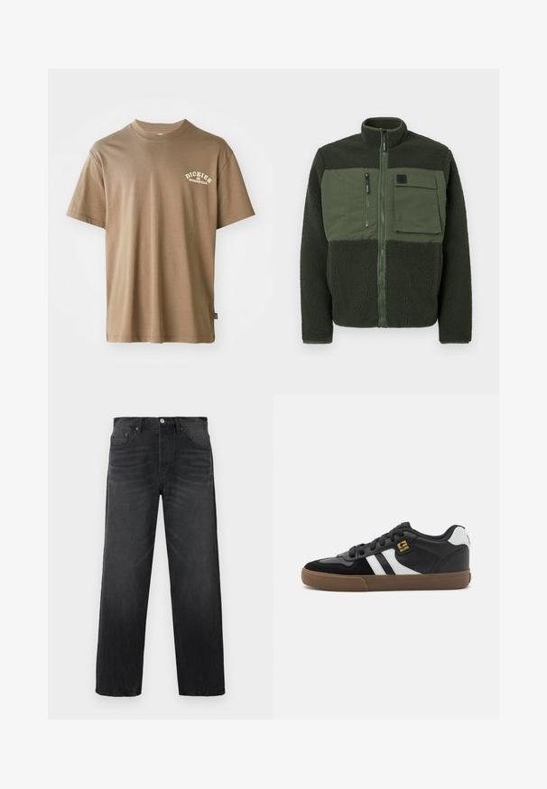 Fleece jack in donker groen met een ritssluiting aan de voorkant. Bevat een patchzak en textiel met structuur. Hoge kraag met minimale hardware-details.; Bruine katoenen T-shirt met een ronde hals, korte mouwen en een wit logo met de tekst "Dickies Workwear" op de linkerkant van de borst.; Zwarte denim jeans met een rechte pijp, voorzien van vijf zakken, een knoopsluiting aan de voorkant en subtiele vervaging voor textuur.; Zwart-witte sneakers met een bovenwerk van suède en leer, voorzien van witte strepen, zwarte veters en een bruine rubberen zool. Gouden logo-accenten.